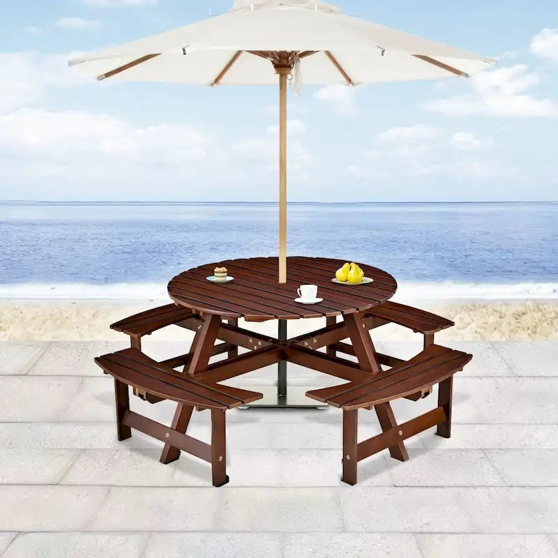 Wood Round Picnic Tables Set with Umbrella Hole and Benches