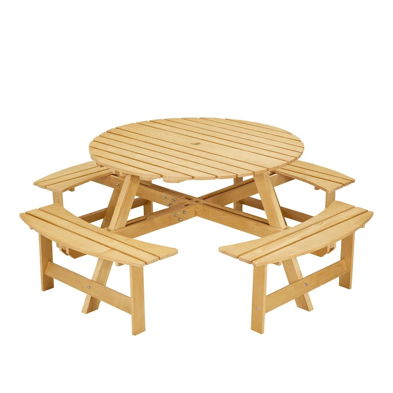 Wood Round Picnic Tables Set with Umbrella Hole and Benches