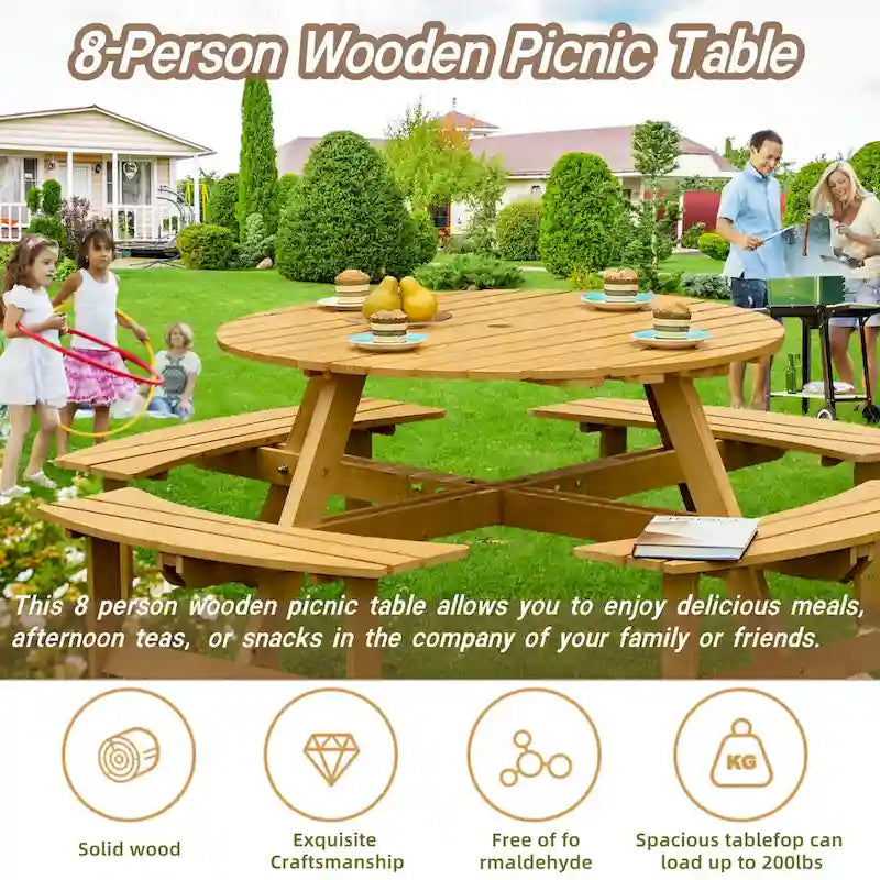 Wood Round Picnic Tables Set with Umbrella Hole and Benches