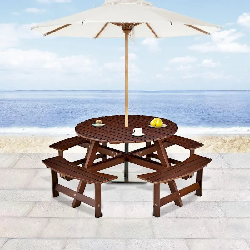 Wood Round Picnic Tables Set with Umbrella Hole and Benches