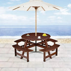 Wood Round Picnic Tables Set with Umbrella Hole and Benches