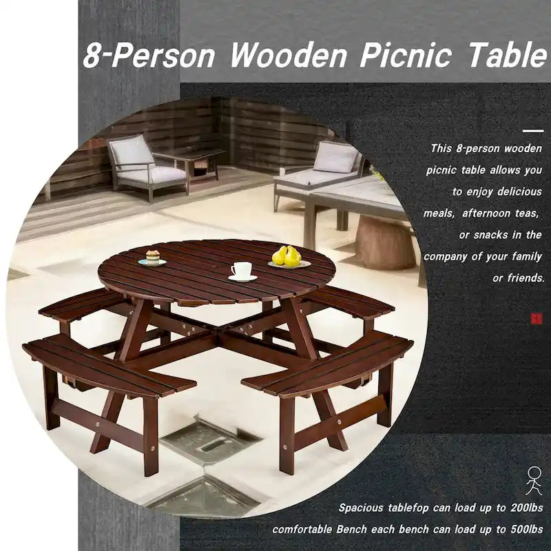 Wood Round Picnic Tables Set with Umbrella Hole and Benches