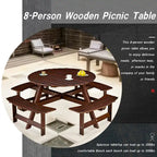 Wood Round Picnic Tables Set with Umbrella Hole and Benches