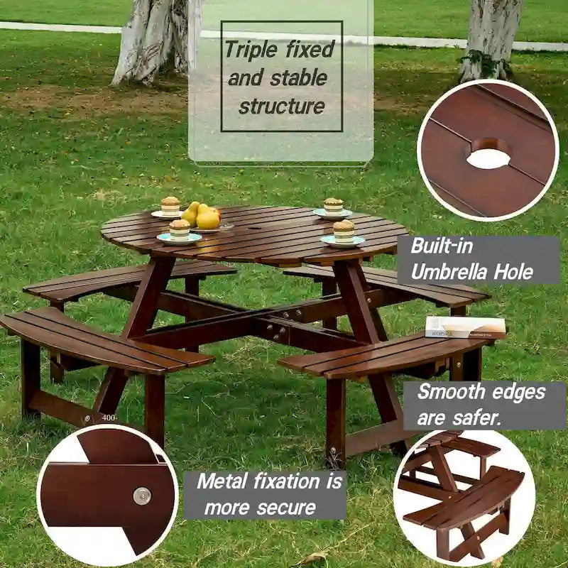 Wood Round Picnic Tables Set with Umbrella Hole and Benches