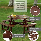 Wood Round Picnic Tables Set with Umbrella Hole and Benches