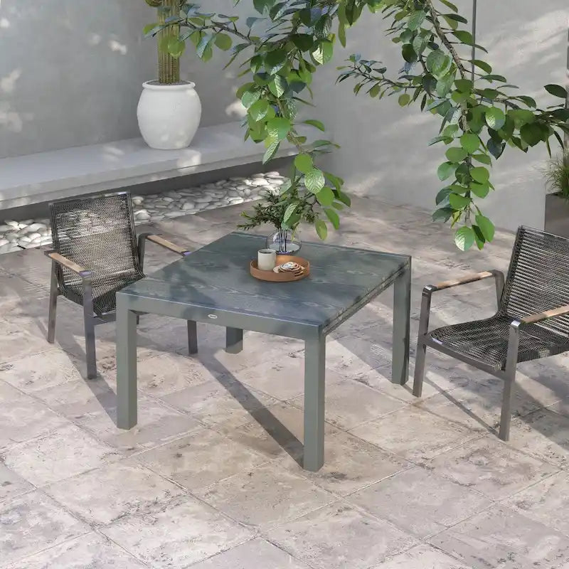 Extendable Dining Table, 41 - 83  Aluminum Frame Patio Table with Wood Effect Steel Top,Rectangle Expandable Patio Table for 6-8