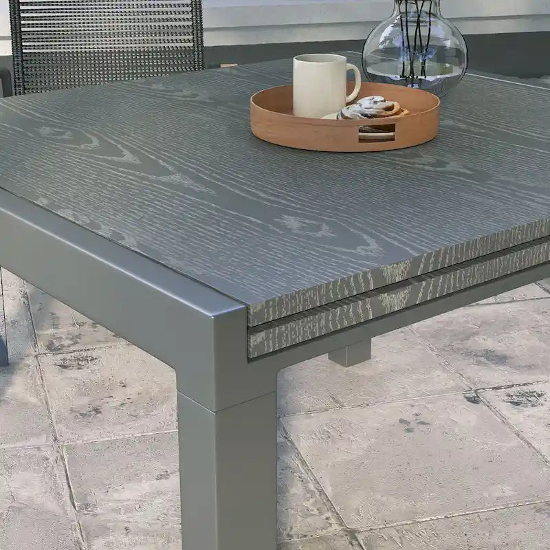 Extendable Dining Table, 41 - 83  Aluminum Frame Patio Table with Wood Effect Steel Top,Rectangle Expandable Patio Table for 6-8
