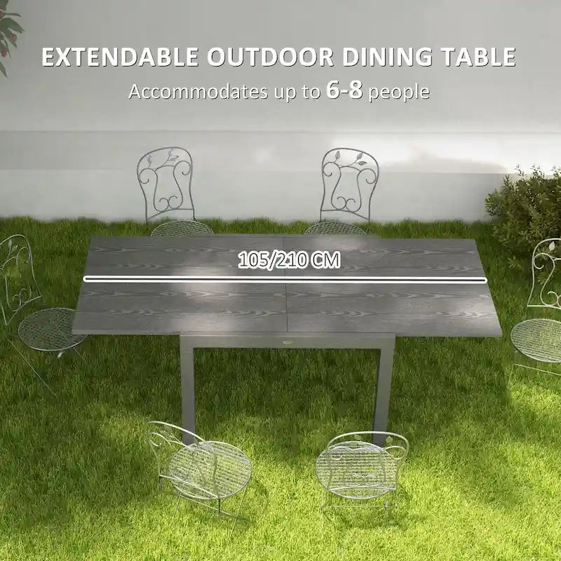 Extendable Dining Table, 41 - 83  Aluminum Frame Patio Table with Wood Effect Steel Top,Rectangle Expandable Patio Table for 6-8