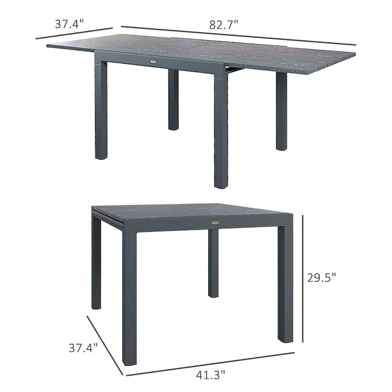 Extendable Dining Table, 41 - 83  Aluminum Frame Patio Table with Wood Effect Steel Top,Rectangle Expandable Patio Table for 6-8