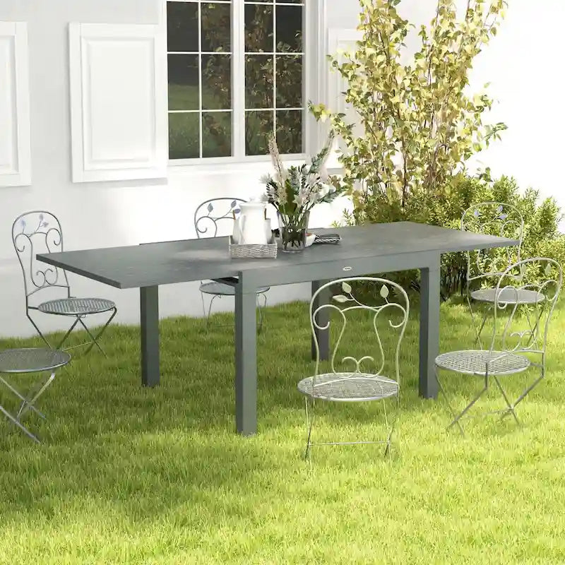 Extendable Dining Table, 41 - 83  Aluminum Frame Patio Table with Wood Effect Steel Top,Rectangle Expandable Patio Table for 6-8