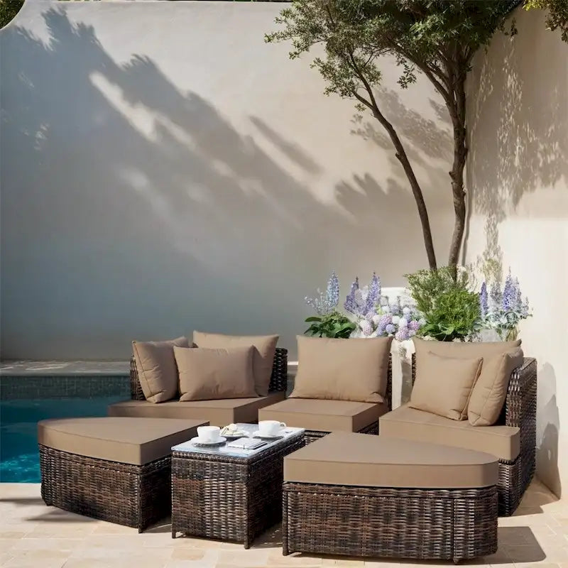 6-Piece PE Wicker Outdoor Conversation Round Sofa Set w/ Coffee Table