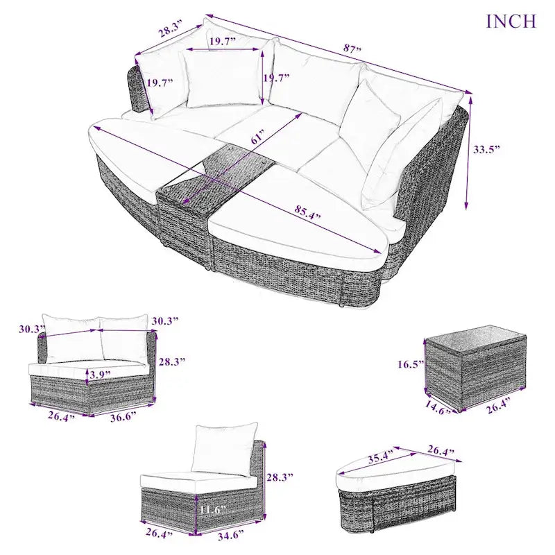 6-Piece PE Wicker Outdoor Conversation Round Sofa Set w/ Coffee Table