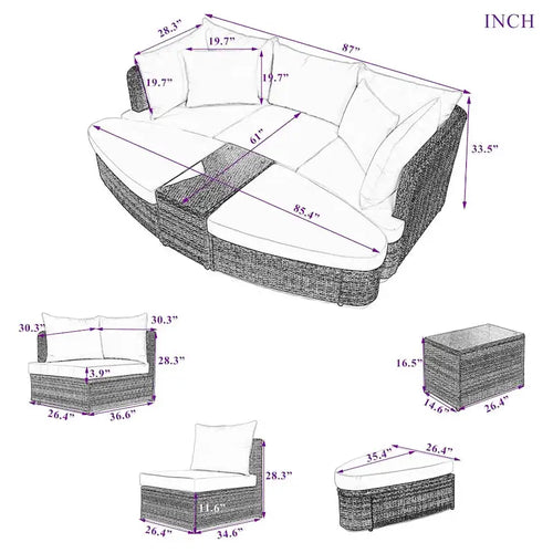 6-Piece PE Wicker Outdoor Conversation Round Sofa Set w/ Coffee Table
