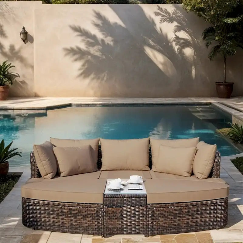 6-Piece PE Wicker Outdoor Conversation Round Sofa Set w/ Coffee Table