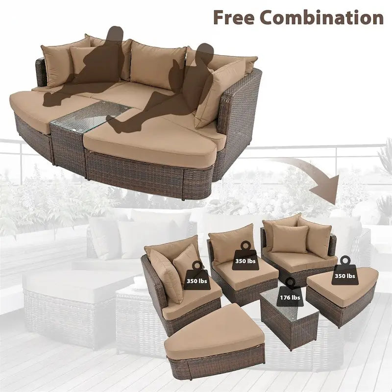 6-Piece PE Wicker Outdoor Conversation Round Sofa Set w/ Coffee Table