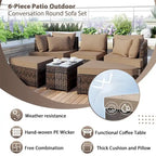 6-Piece PE Wicker Outdoor Conversation Round Sofa Set w/ Coffee Table
