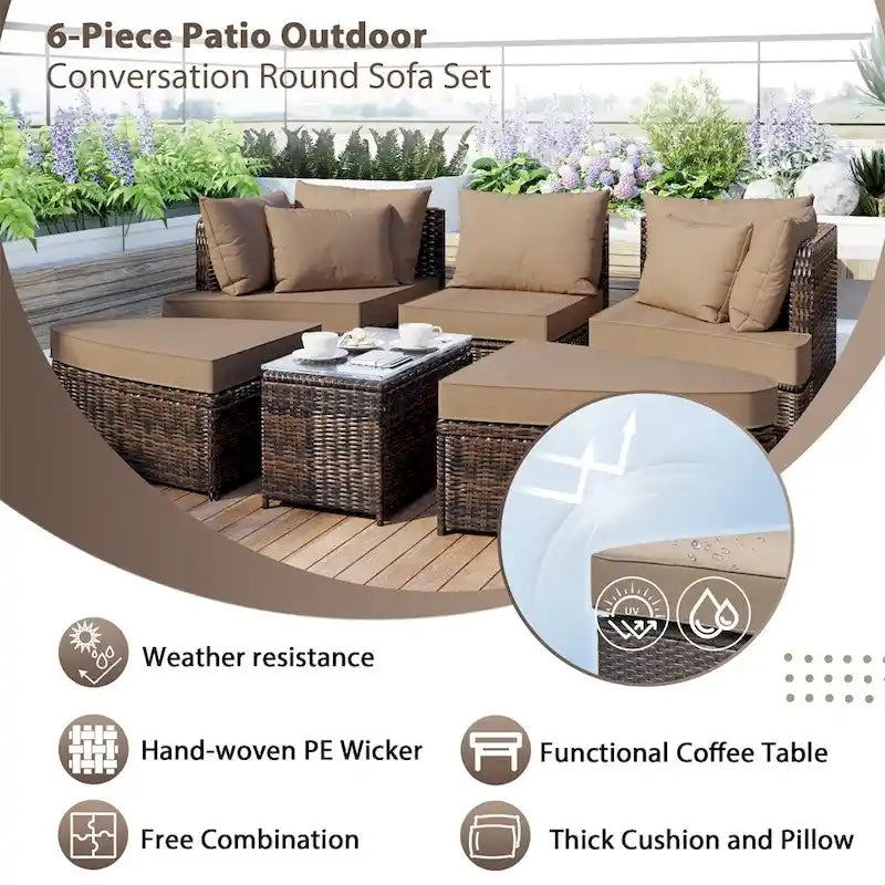 6-Piece PE Wicker Outdoor Conversation Round Sofa Set w/ Coffee Table