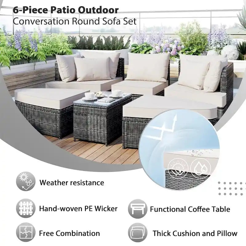 6-Piece PE Wicker Outdoor Conversation Round Sofa Set w/ Coffee Table