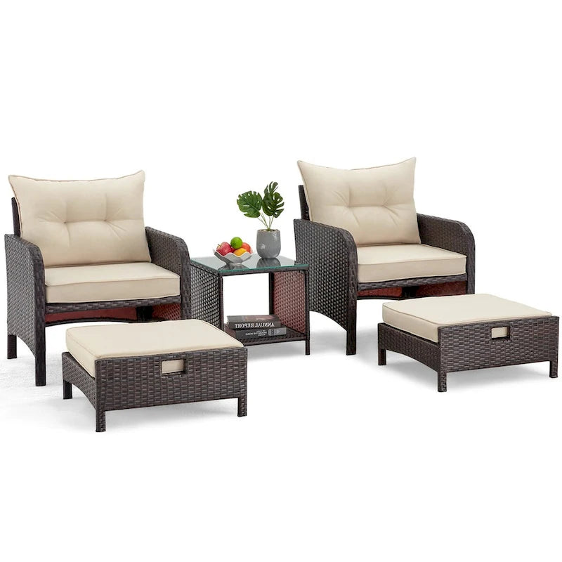 AVAWING 5-Piece Outdoor Khaki Wicker Rattan Conversation Set with Ottoman Table