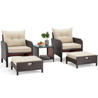 AVAWING 5-Piece Outdoor Khaki Wicker Rattan Conversation Set with Ottoman Table
