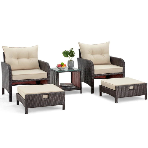 AVAWING 5-Piece Outdoor Khaki Wicker Rattan Conversation Set with Ottoman Table