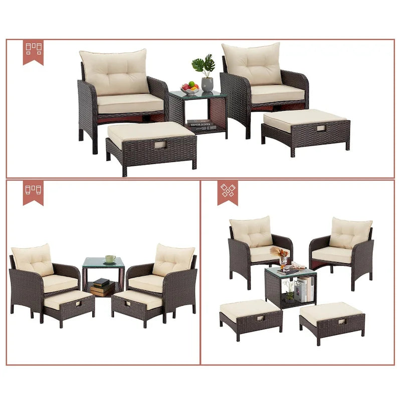 AVAWING 5-Piece Outdoor Khaki Wicker Rattan Conversation Set with Ottoman Table