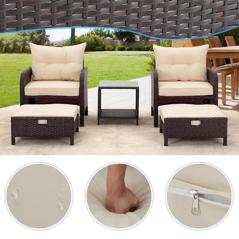 AVAWING 5-Piece Outdoor Khaki Wicker Rattan Conversation Set with Ottoman Table