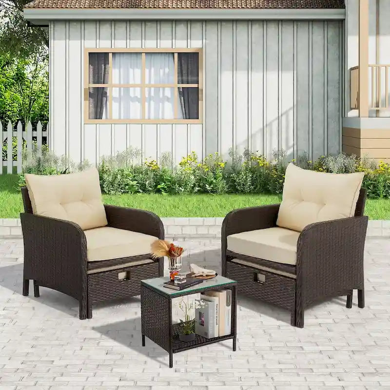 AVAWING 5-Piece Outdoor Khaki Wicker Rattan Conversation Set with Ottoman Table