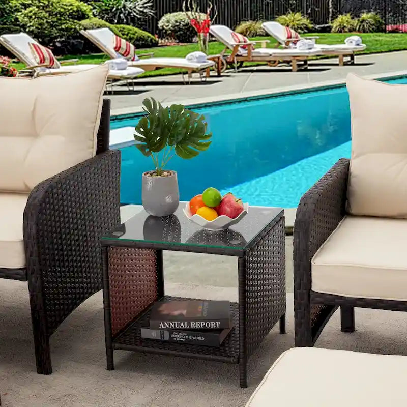 AVAWING 5-Piece Outdoor Khaki Wicker Rattan Conversation Set with Ottoman Table