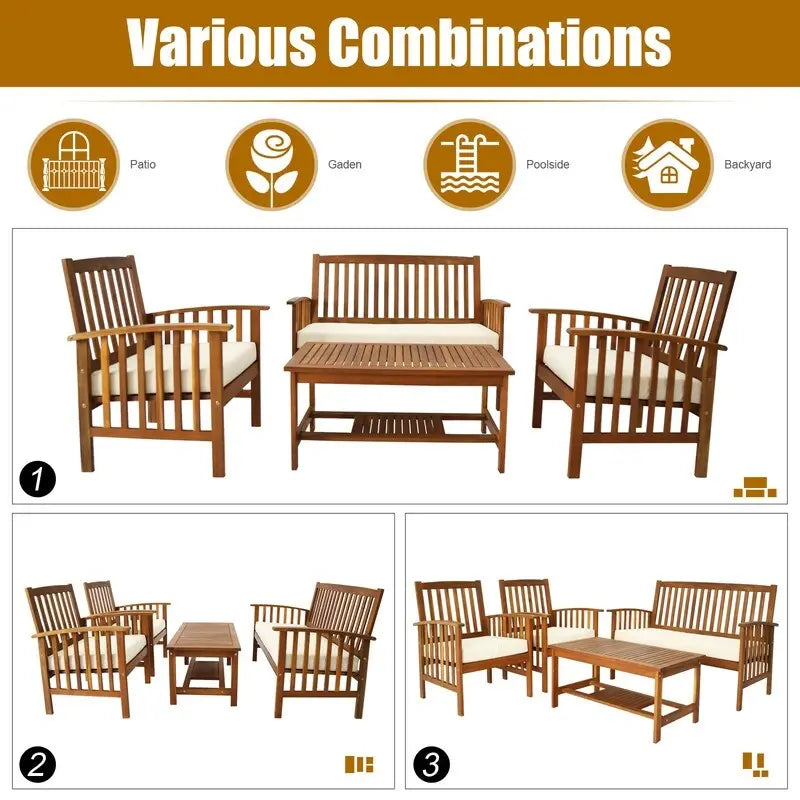 4 Piece Outdoor Patio Lounge Conversation Set with Soft Cushions and Coffee Table