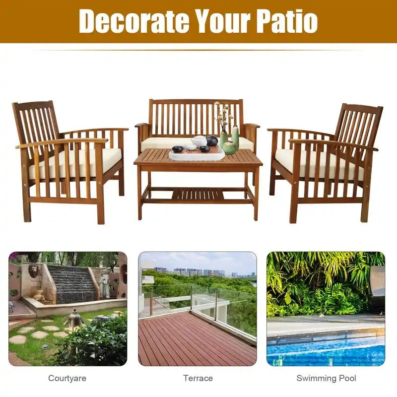 4 Piece Outdoor Patio Lounge Conversation Set with Soft Cushions and Coffee Table