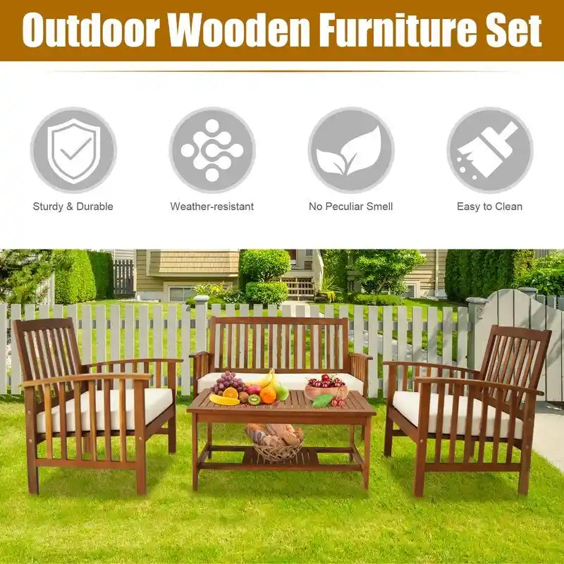 4 Piece Outdoor Patio Lounge Conversation Set with Soft Cushions and Coffee Table