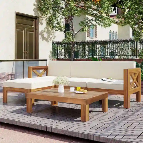 5-Piece Wooden Sectional Sofa Set with Natural Finish and Upgraded Zippered Fabrics - Lockable Panels for Security