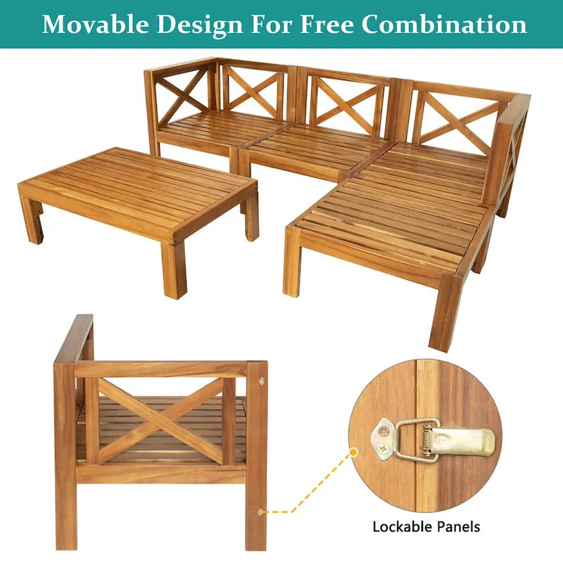 5-Piece Wooden Sectional Sofa Set with Natural Finish and Upgraded Zippered Fabrics - Lockable Panels for Security