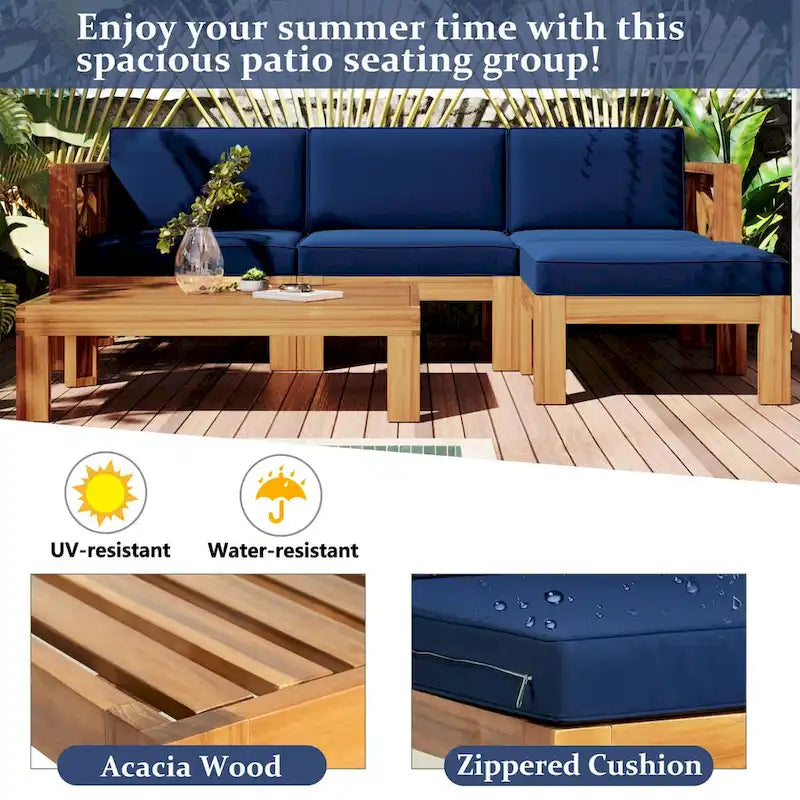 5-Piece Wooden Sectional Sofa Set with Natural Finish and Upgraded Zippered Fabrics - Lockable Panels for Security