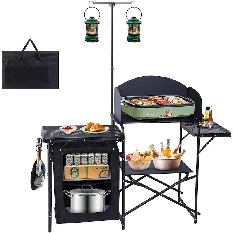 Camping Table, Camp Kitchen, Cook Station, Camping Kitchen Station, Grill Table with Storage, Light Stand and Windshield