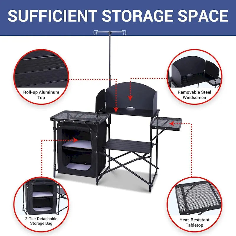 Camping Table, Camp Kitchen, Cook Station, Camping Kitchen Station, Grill Table with Storage, Light Stand and Windshield