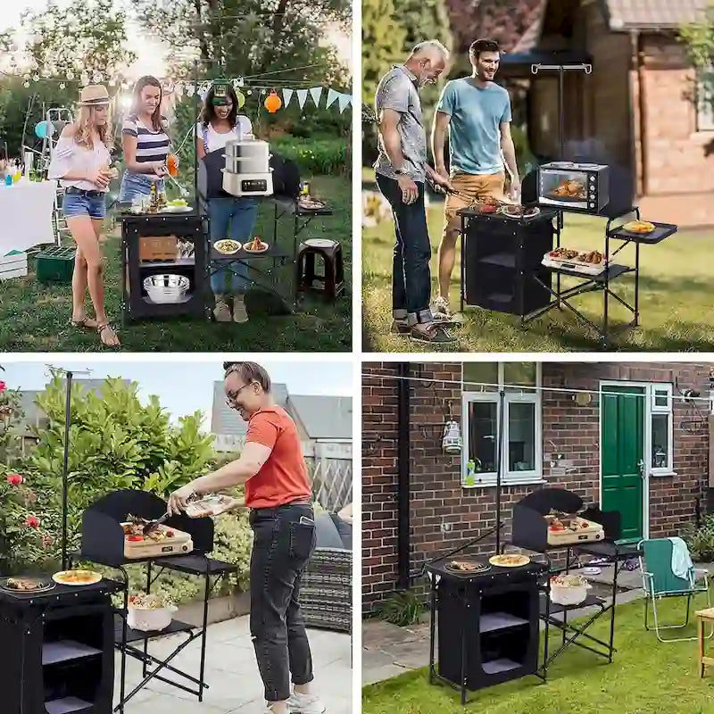 Camping Table, Camp Kitchen, Cook Station, Camping Kitchen Station, Grill Table with Storage, Light Stand and Windshield