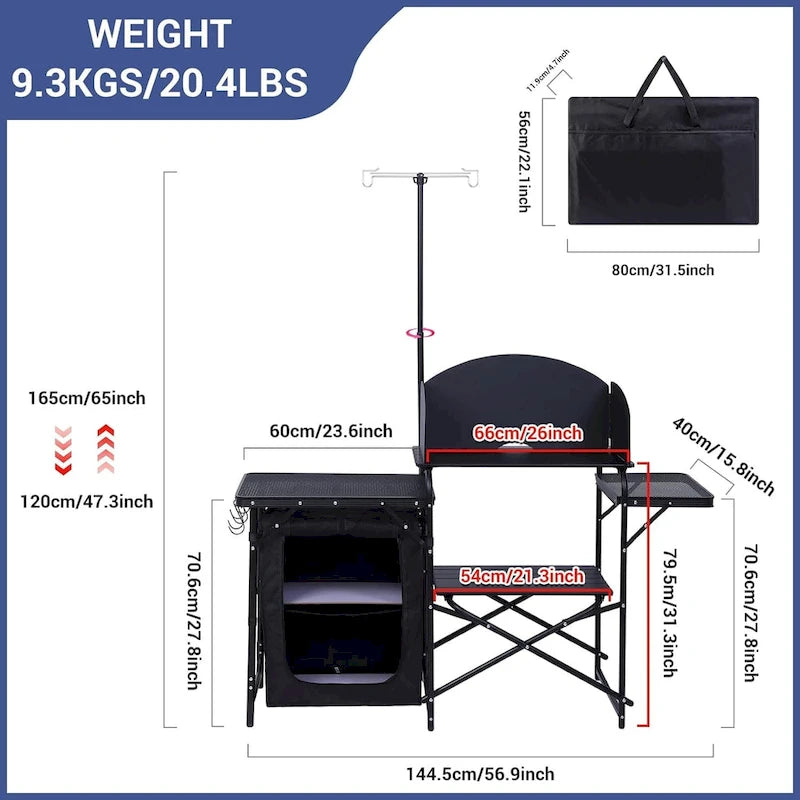 Camping Table, Camp Kitchen, Cook Station, Camping Kitchen Station, Grill Table with Storage, Light Stand and Windshield