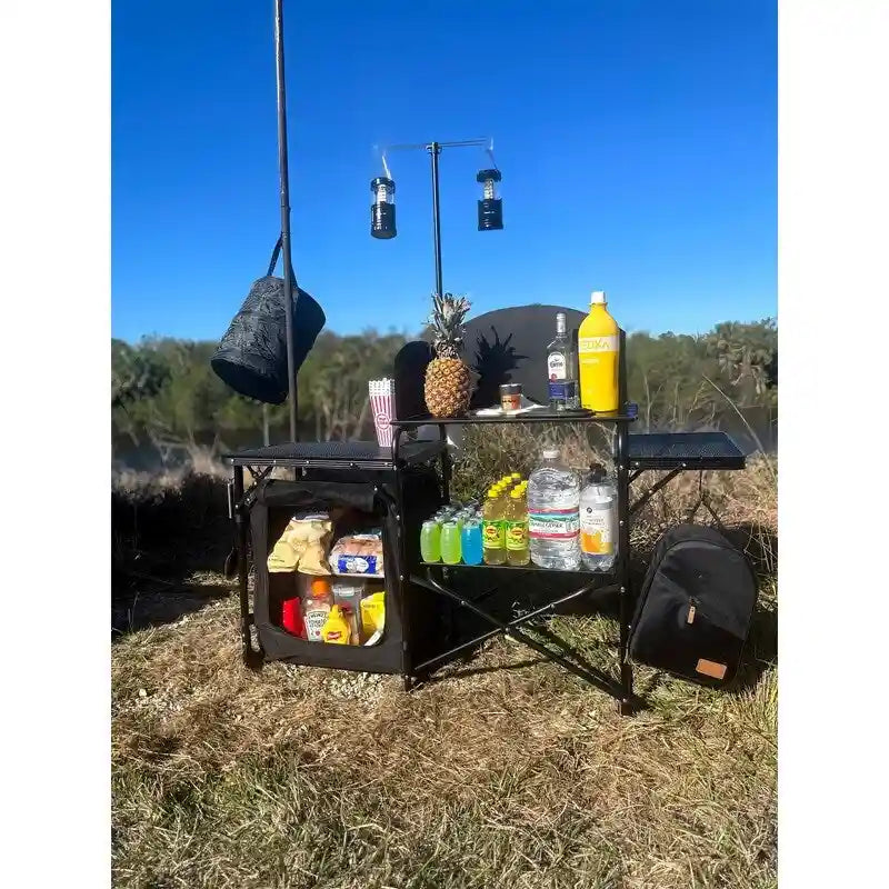 Camping Table, Camp Kitchen, Cook Station, Camping Kitchen Station, Grill Table with Storage, Light Stand and Windshield