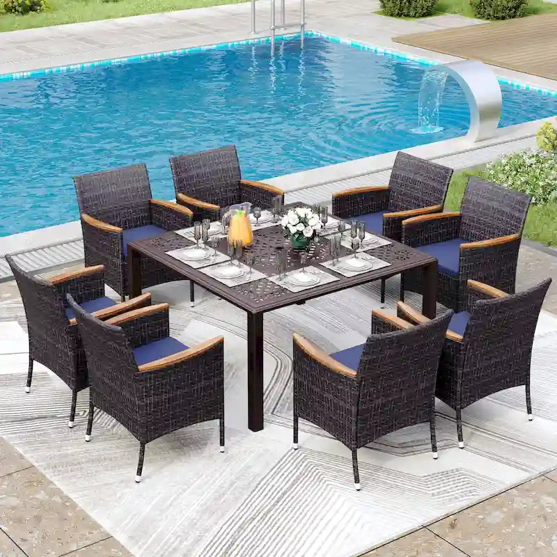 9 Pieces Patio Dining Set Outdoor Rattan Wicker Dining Furniture Set with Umbrella Hole