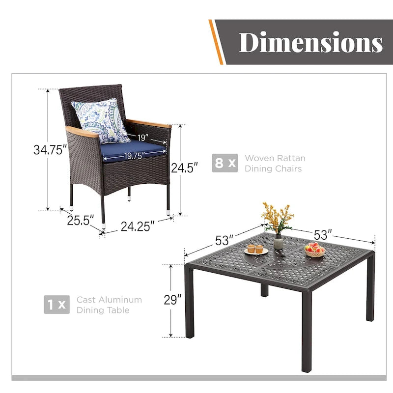 9 Pieces Patio Dining Set Outdoor Rattan Wicker Dining Furniture Set with Umbrella Hole