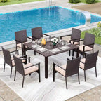9 Pieces Patio Dining Set Outdoor Rattan Wicker Dining Furniture Set with Umbrella Hole