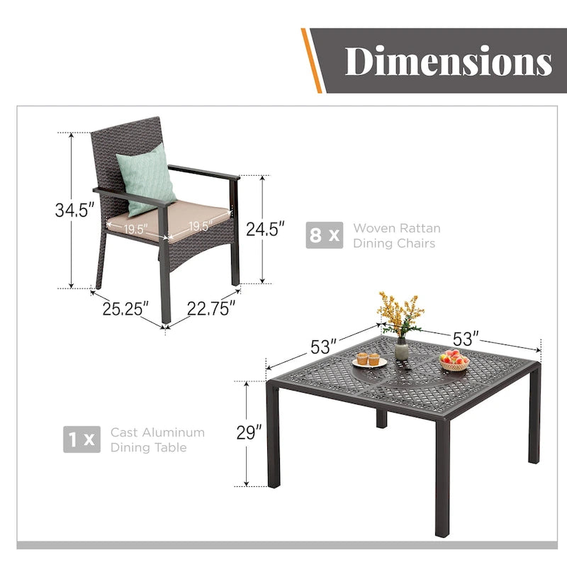 9 Pieces Patio Dining Set Outdoor Rattan Wicker Dining Furniture Set with Umbrella Hole