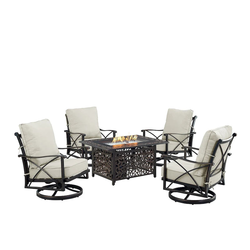 Antique Copper Fire Table Set with 4 Swivel Rocking Chairs