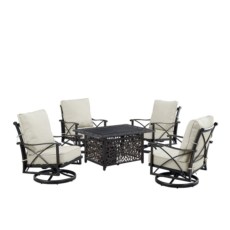 Antique Copper Fire Table Set with 4 Swivel Rocking Chairs